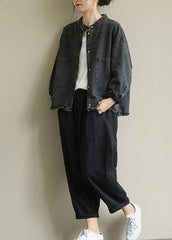 Chic denim black Plus Size clothes Work stand collar pockets outwears CTS200822