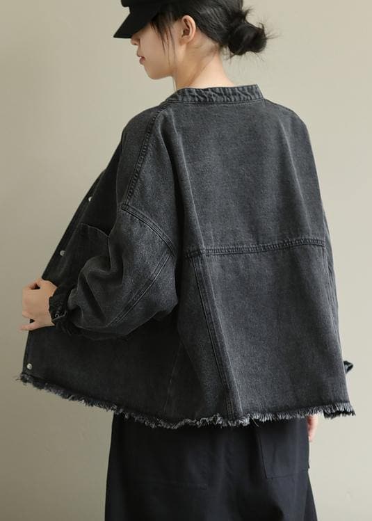 Chic denim black Plus Size clothes Work stand collar pockets outwears CTS200822