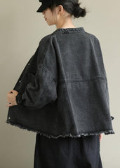Chic denim black Plus Size clothes Work stand collar pockets outwears CTS200822