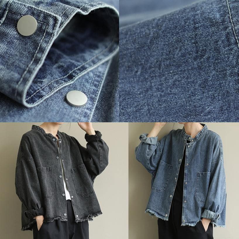 Chic denim black Plus Size clothes Work stand collar pockets outwears CTS200822