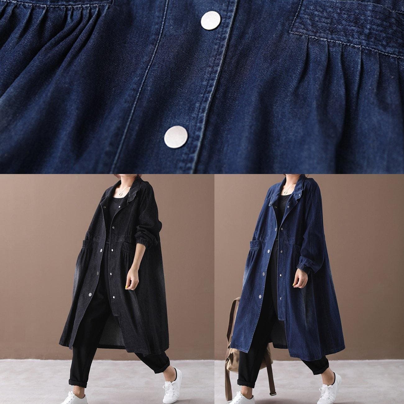 Chic denim blue Fine tunic pattern Sewing stand collar Cinched jackets WG-TCT191018