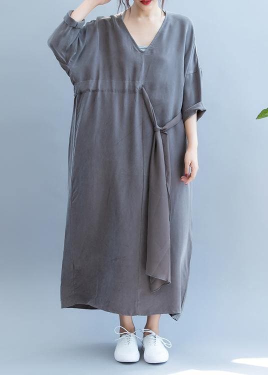 Chic gray clothes For Women v neck drawstring long summer Dress SDL200725