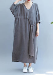 Chic gray clothes For Women v neck drawstring long summer Dress SDL200725