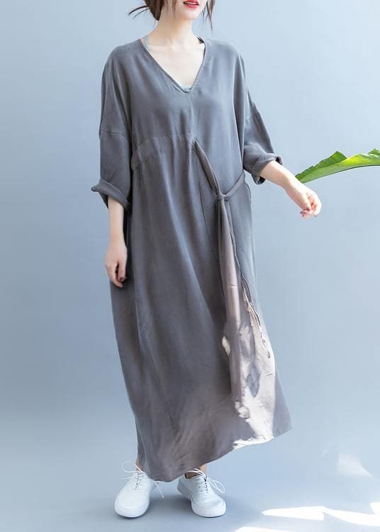 Chic gray clothes For Women v neck drawstring long summer Dress SDL200725