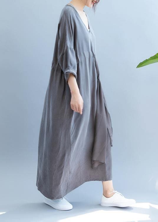 Chic gray clothes For Women v neck drawstring long summer Dress SDL200725