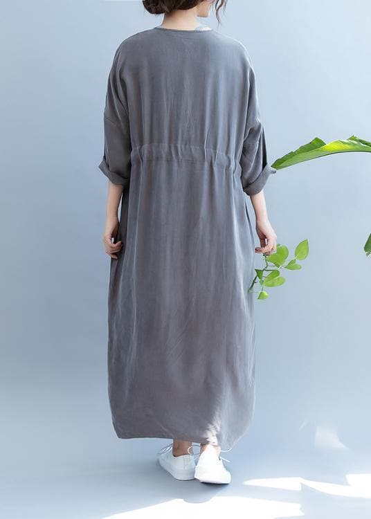 Chic gray clothes For Women v neck drawstring long summer Dress SDL200725
