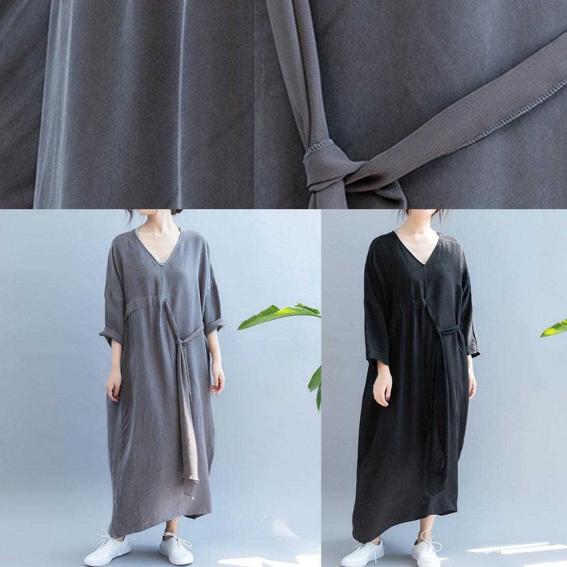 Chic gray clothes For Women v neck drawstring long summer Dress SDL200725