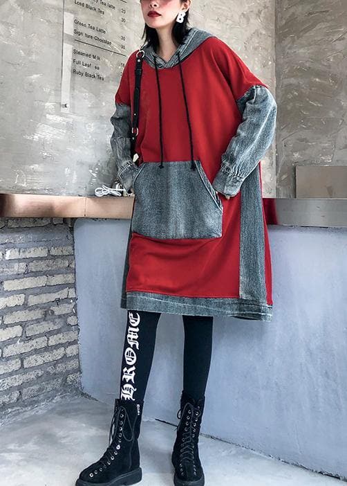 Chic red cotton clothes Women hooded Maxi patchwork Dresses AT-FDM191101