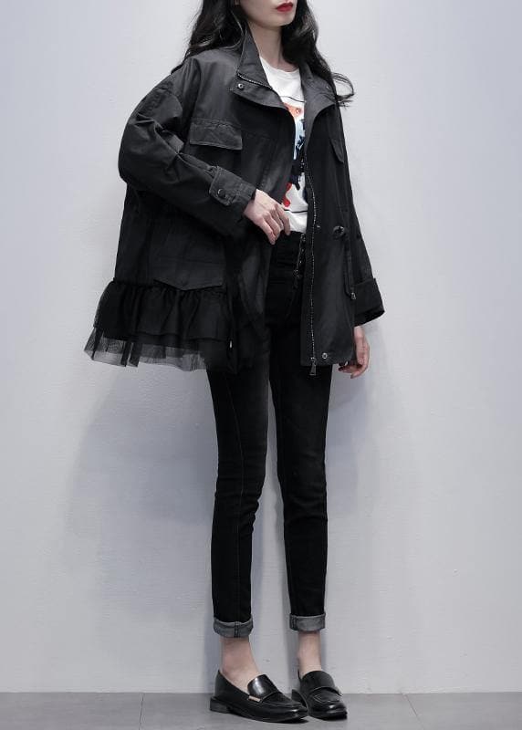Chic stand collar Fashion coats black patchwork tulle short jackets TCT201207