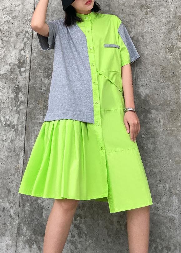 Chic stand collar patchwork Cotton clothes For Women green Dresses AT-SDM200508