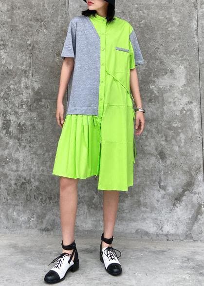 Chic stand collar patchwork Cotton clothes For Women green Dresses AT-SDM200508