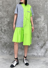 Chic stand collar patchwork Cotton clothes For Women green Dresses AT-SDM200508