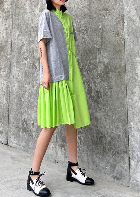 Chic stand collar patchwork Cotton clothes For Women green Dresses AT-SDM200508
