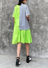 Chic stand collar patchwork Cotton clothes For Women green Dresses AT-SDM200508