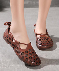 Chocolate Flat Shoes Cowhide Leather Vintage Hollow Out Flats XZ-PDX210624