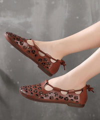 Chocolate Flat Shoes Cowhide Leather Vintage Hollow Out Flats XZ-PDX210624