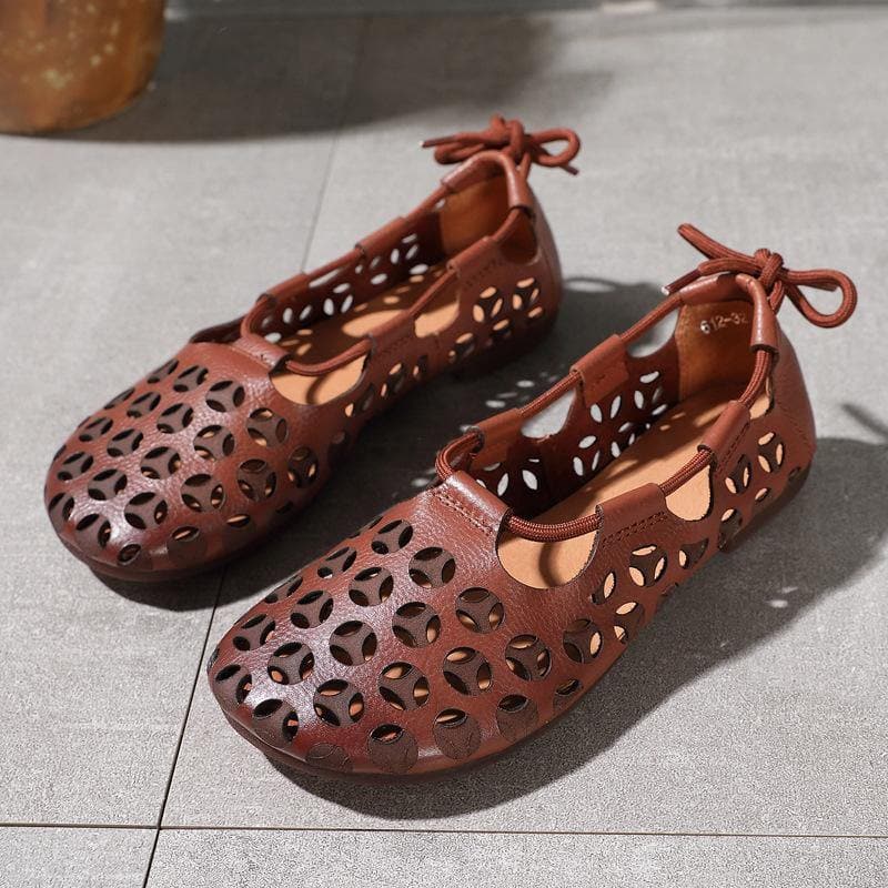 Chocolate Flat Shoes Cowhide Leather Vintage Hollow Out Flats XZ-PDX210624