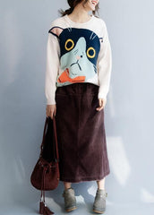 Chunky beige sweater tops o neck plus size clothing animal print knitwear NTP191125