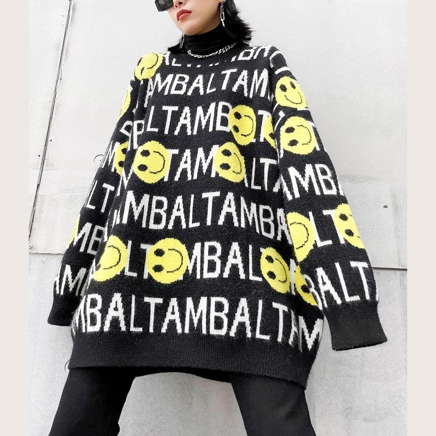 Chunky black Letter crane tops o neck trendy plus size knitted blouse AT-NTP201217
