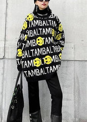 Chunky black Letter crane tops o neck trendy plus size knitted blouse AT-NTP201217