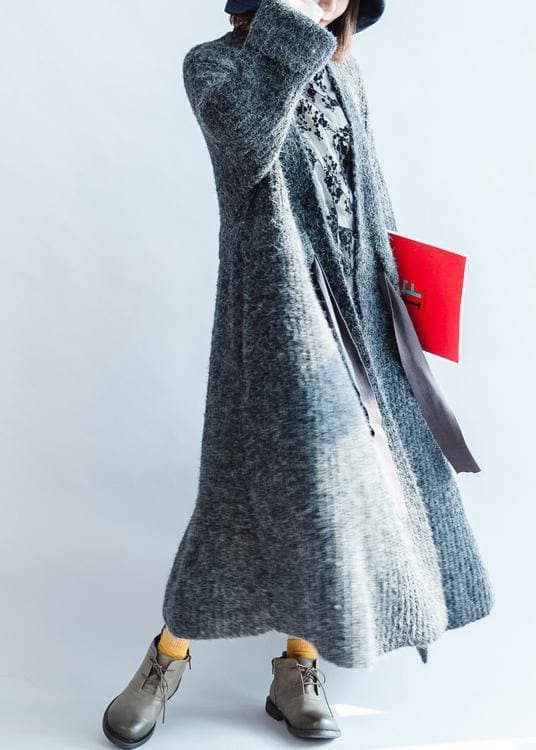 Chunky dark gray knitted outwear plus size clothing tie waist knit outwear CDG201026
