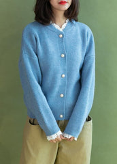 Chunky light blue sweater coat fall fashion ruffles collar sweaters NTP191125