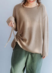 Chunky o neck khaki knit sweat tops fall fashion drawstring knit NTP191125