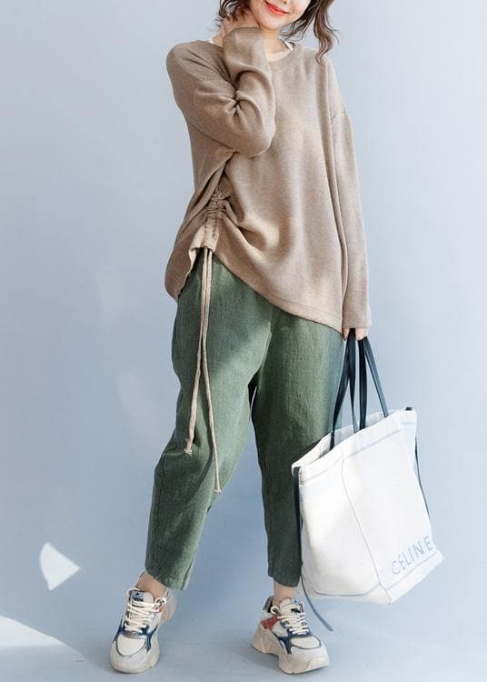Chunky o neck khaki knit sweat tops fall fashion drawstring knit NTP191125