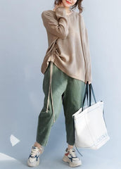 Chunky o neck khaki knit sweat tops fall fashion drawstring knit NTP191125