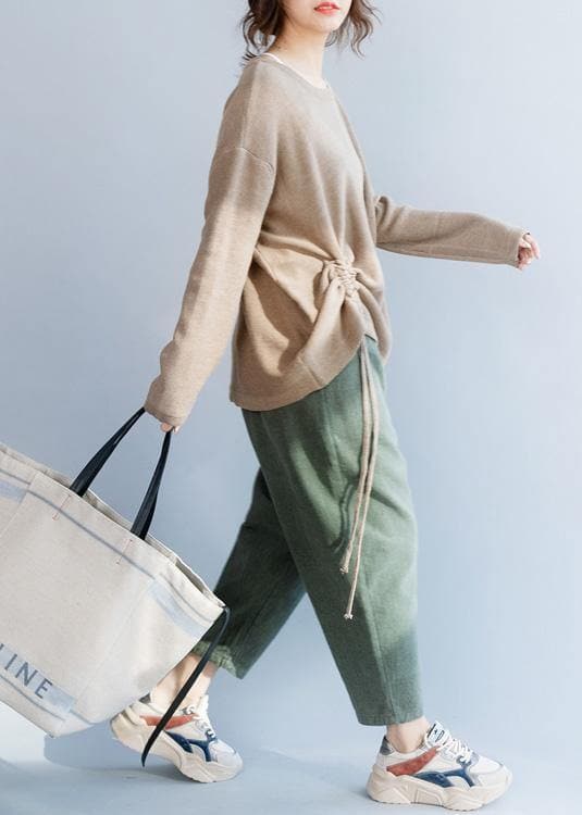 Chunky o neck khaki knit sweat tops fall fashion drawstring knit NTP191125