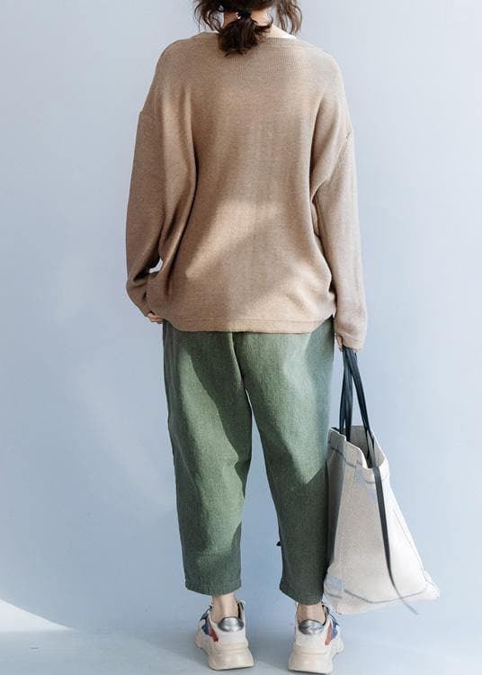 Chunky o neck khaki knit sweat tops fall fashion drawstring knit NTP191125