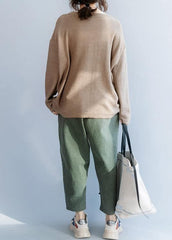 Chunky o neck khaki knit sweat tops fall fashion drawstring knit NTP191125