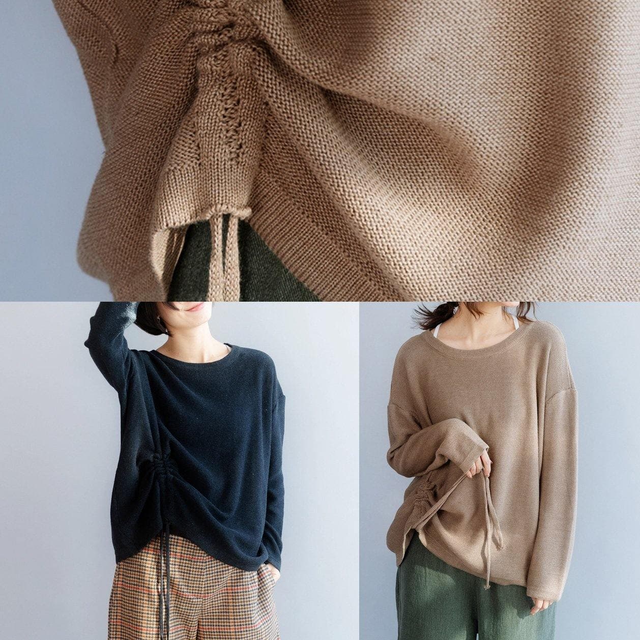 Chunky o neck khaki knit sweat tops fall fashion drawstring knit NTP191125