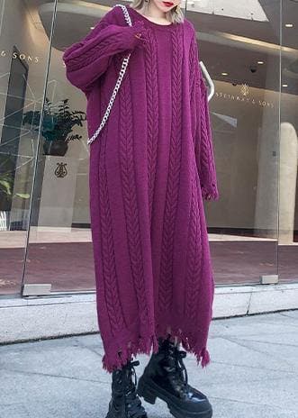 Chunky o neck tassel Sweater dress outfit Moda purple Ugly sweater dresses AT-FDL201105