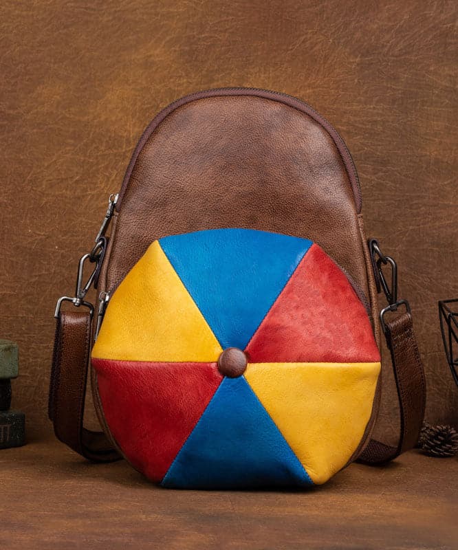 Classy Brown Colorblock Paitings Calf Leather Backpack Bag BGS211230