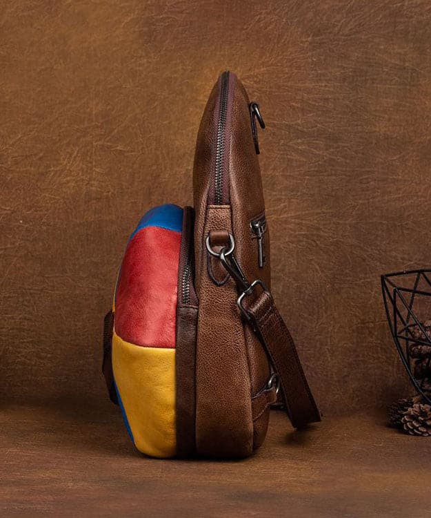 Classy Brown Colorblock Paitings Calf Leather Backpack Bag BGS211230