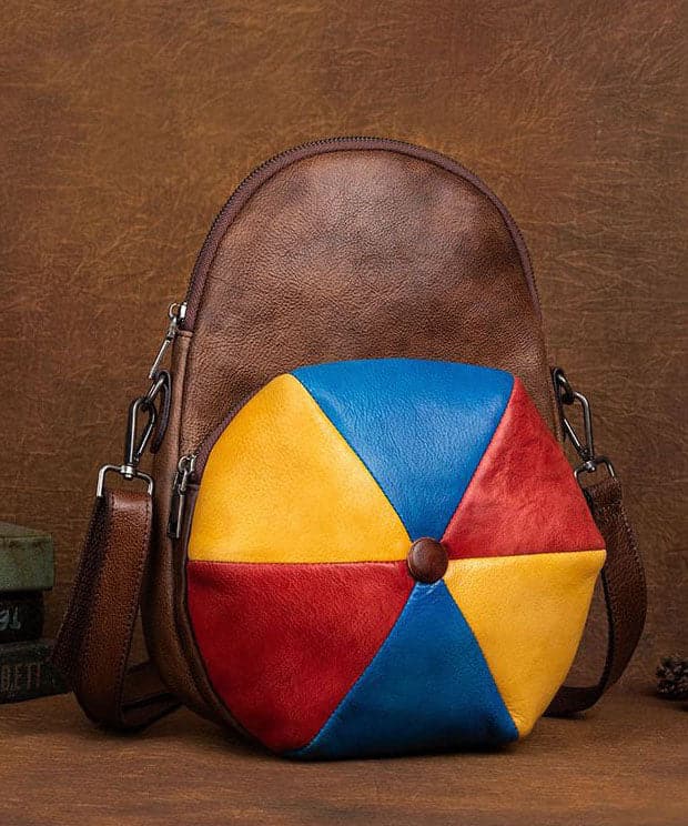 Classy Brown Colorblock Paitings Calf Leather Backpack Bag BGS211230