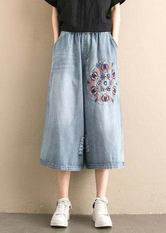 Classy Denim Blue Elastic Waist Hole Embroideried Pockets Cotton Wide Leg Pants Summer nz-CPTS220526