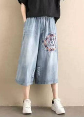 Classy Denim Blue Elastic Waist Hole Embroideried Pockets Cotton Wide Leg Pants Summer nz-CPTS220526