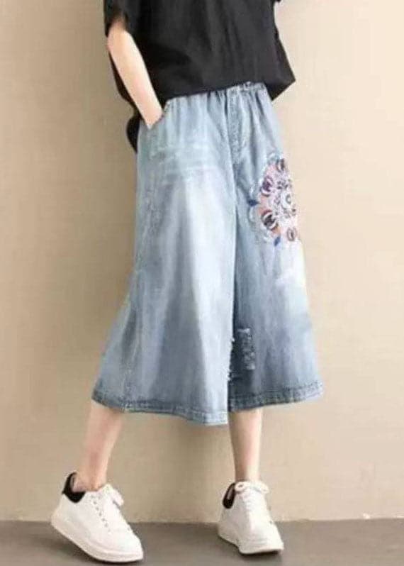 Classy Denim Blue Elastic Waist Hole Embroideried Pockets Cotton Wide Leg Pants Summer nz-CPTS220526