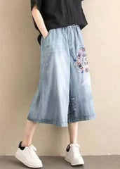 Classy Denim Blue Elastic Waist Hole Embroideried Pockets Cotton Wide Leg Pants Summer nz-CPTS220526
