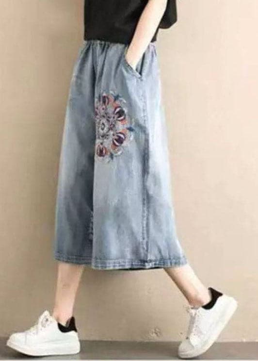 Classy Denim Blue Elastic Waist Hole Embroideried Pockets Cotton Wide Leg Pants Summer nz-CPTS220526