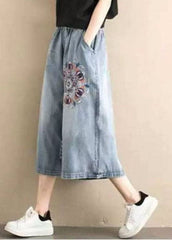 Classy Denim Blue Elastic Waist Hole Embroideried Pockets Cotton Wide Leg Pants Summer nz-CPTS220526