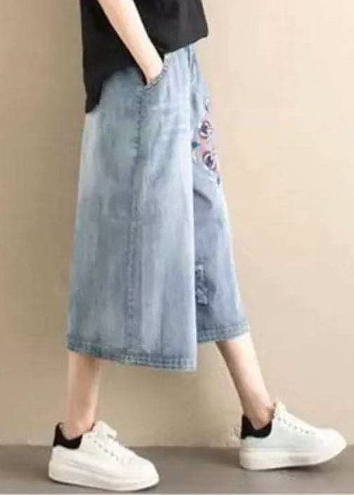Classy Denim Blue Elastic Waist Hole Embroideried Pockets Cotton Wide Leg Pants Summer nz-CPTS220526
