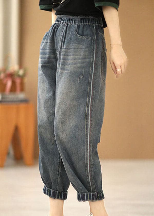 Classy Denim Blue Elastic Waist Pockets Cotton Crop Pants Summer XS-CPTS220624