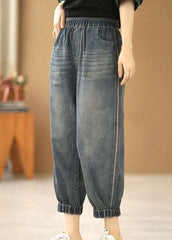Classy Denim Blue Elastic Waist Pockets Cotton Crop Pants Summer XS-CPTS220624