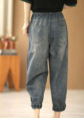 Classy Denim Blue Elastic Waist Pockets Cotton Crop Pants Summer XS-CPTS220624