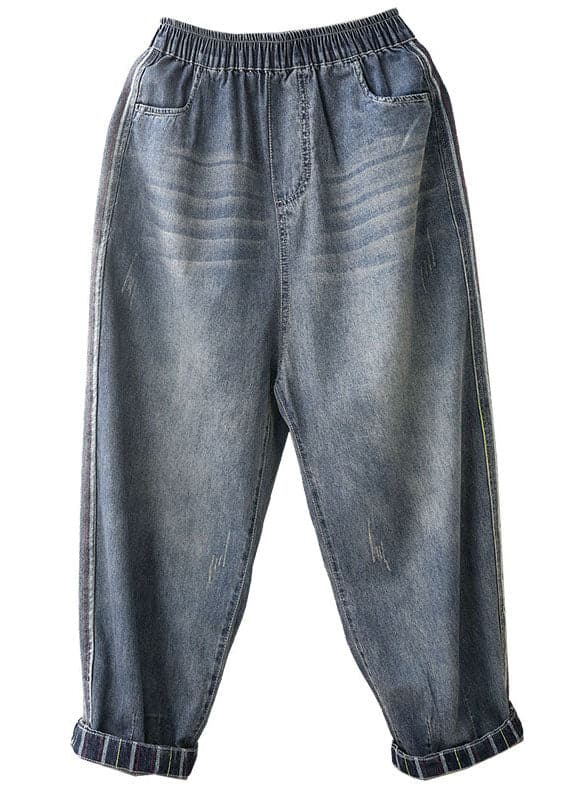 Classy Denim Blue Elastic Waist Pockets Cotton Crop Pants Summer XS-CPTS220624