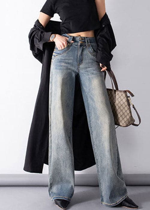 Classy Denim Blue High Waist Pockets Draping Cotton Straight Pants Summer NZ-LPTS220715