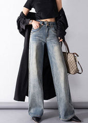 Classy Denim Blue High Waist Pockets Draping Cotton Straight Pants Summer NZ-LPTS220715